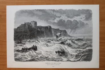 Wood Engraving Ship wreck at Dieppe coast 1881 after painting by Th Weber Art Artist